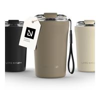 LARS NYSØM Thermo Coffee Mug-to-go with Strap 13oz | Travel Mug 0.38 Liter with Insulation | Leak Proof Stainless Steel Thermal Tumbler for Coffee and Tea to Go (Taupe Brown, 380ml)