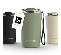 LARS NYSØM Thermo Coffee Mug-to-go with Strap 13oz | Travel Mug 0.38 Liter with Insulation | Leak Proof Stainless Steel Thermal Tumbler for Coffee and Tea to Go (Sage Green, 380ml)