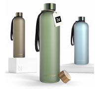LARS NYSØM Water Bottle 34oz | Drinking Bottle 1 Liter | Ultralight Tritan Sports Flask leak-proof | Ideal for sports, office, yoga | 2 lids included (Green - Gold, 1000ml)