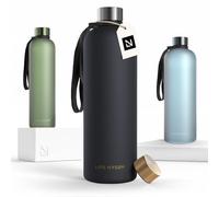 LARS NYSØM Water Bottle 51oz | Drinking Bottle 1,5Liter | Ultralight Tritan Sports Flask leak-proof | Ideal for sports, office, yoga | 2 lids included (Black - Gold, XL 1500ml)
