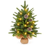 LARS360 2FT Prelit Christmas Tree Small Mini with Lights for Home, Office | Tabletop Xmas PE PVC Tree, 30 LEDs Fairy Lights, Linen Base for Desks, Shelves, Rooms, Shops and Party Indoor Decoration