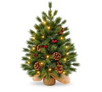LARS360 2FT Prelit Christmas Tree Small Mini with Lights for Home, Office | Tabletop Xmas PE Tree, 30 LEDs Fairy Lights, Linen Base for Desks, Shelves, Rooms, Shops and Party Indoor Decoration