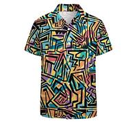 LARSD 80s 90s Button Up Hawaiian Beach Shirt for Men - Vintage Retro Neon Disco Party Shirt, 80s Geometric Yellow, XXL
