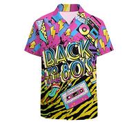 LARSD 80s 90s Button Up Hawaiian Beach Shirt for Men - Vintage Retro Neon Disco Party Shirt, Back to the 80s, XXXXL