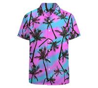 LARSD 80s 90s Button Up Hawaiian Beach Shirt for Men - Vintage Retro Neon Disco Party Shirt, Pink Palm Tree, XXXXL