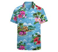 LARSD 80s 90s Button Up Hawaiian Beach Shirt for Men - Vintage Retro Neon Disco Party Wear, Blue Beach, XXXXXL