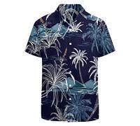 LARSD 80s 90s Button Up Hawaiian Beach Shirt for Men - Vintage Retro Neon Disco Party Wear, Navy Palm Leaves, Large