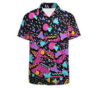 LARSD 80s 90s Button Up Shirt for Men - Vintage Retro Hawaiian Beach Neon Disco Funny Party, Black Pink, 3XL