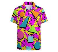 LARSD 80s Shirts for Men 90s Button Up Shirt Vintage Retro Hawaiian Beach Shirt Funny Neon Disco Party Shirt Memphis, 80s Geometric Pink, XXL