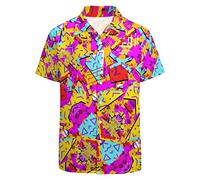 LARSD 80s Shirts for Men 90s Button Up Shirt Vintage Retro Hawaiian Beach Shirt Funny Neon Disco Party Shirt, 80s 90s Pink Yellow, XL