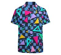 LARSD 80s Shirts for Men 90s Button Up Shirt Vintage Retro Hawaiian Beach Shirt Funny Neon Disco Party Shirt, 80s Geometric Blue, Large