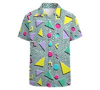 LARSD 80s Shirts for Men - 90s Button Up Vintage Retro Hawaiian Beach Neon Disco Funny Party Shirt, 80s Geometric Green, XXL