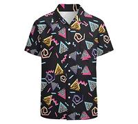 LARSD Men's Hawaiian Shirt Casual Button Down Short Sleeve Party Shirt Printed Funky Aloha Beach Shirt, 80s Geometric Black, Large
