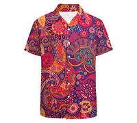 LARSD Men's Hawaiian Shirt Casual Button Down Short Sleeve Party Shirt Printed Funky Aloha Beach Shirt, Red Exotic Floral, XL