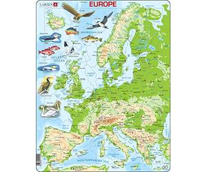 Larsen Puzzle Europe Map, Ages 7+, Topographic Jigsaw, Educational Geography Puzzle, Contour & Figure Pieces, 87-Piece Tray & Frame, English Edition, Gift for Kids & Classroom