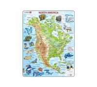 Larsen A32 North America Jigsaw Puzzle Topographic Map with Animals for Children Ages 6 and Up, English Edition - 66 Pieces | Educational Puzzle | Boxless Tray & Frame Included