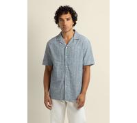 Larsson & Co Men's Kare - Linen Blend Striped Short Sleeve Shirt in Dark Blue | Size: Medium Larsson & Co Dark Blue M