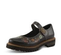 L'Artiste DANUELLA Hand-Painted Leather Mary Jane - Floral Boho Flat with Adjustable Strap & Lug Sole, Black Multi, 7.5-8