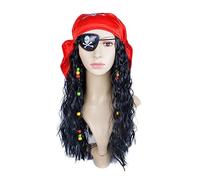 LARUISEE Halloween Pirate Costume Set Pirate Wig With Eye-Patch Scarf Set Pirate Costume Accessories For Men And Women Pirate-cosplay Costume Accessories Black Curly Pirate Wig With Eye-patch Scarf