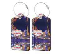 Las Vegas Night City Patterned Leather Luggage Tag with Name Id Tag and Stainless Steel Ring for Women Men Luggage Handbags 1 Pcs