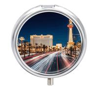 Las Vegas Night Pill Box 3 Compartment Small Pill Case with Mirror for Purse & Pocket Travel Medicine Organizer Daily Medication Container Portable Pillbox Metal Medicine Box Round Meds Case