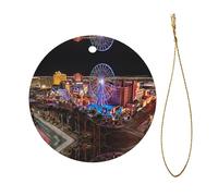 Las Vegas Night View Christmas Ceramic Ornament - Double-Sided Uv Printed Round Hanging Decoration with Gold String for Tree