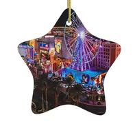 (Las Vegas Night View) Christmas Ceramic Star Shape Ornament Pendant Xmas Tree Hanging Decoration For Holiday Home Party Decor