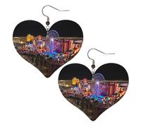 Las Vegas Night View Elegant Leather Heart-Shaped Earrings-Fashionable And Unique Accessories For Everyday Wear