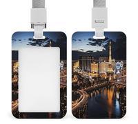 Las Vegas Night View ID Badge Holder Waterproof Card Protector Push-Pull Slot Work ID Card Holder with Lanyard Personalized Detachable Card Holders for Office Corporate Use