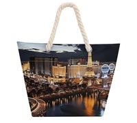 Las Vegas Night View Large Tote Bag for Women, Waterproof Durable Beach Bag with Hemp Rope Handle, Multifunctional Hemp Rope Shopping Bag for Beach Park Travel Work Daily Use