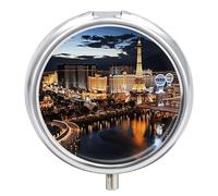Las Vegas Night View Pill Box Small Round Pill Case Portable Travel Pill Container Multi-Functional Moisture Proof Metal Medicine Pill Organizer Box for Vitamins Fish Oil