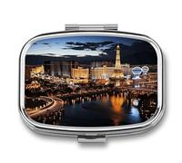 Las Vegas Night View Pill Organizer with 2 Compartments Metal Square Pill Case Small Pill Box Portable Medicine Box Slim Travel Pill Container Medicine Organizer for Daily Use