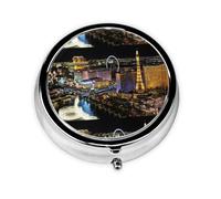 Las Vegas Night View Print Pill Box Purse Small Round Pill Case Decorative Box Metal Medicine Vitamin Pill Organizer for Pocket Or Purse