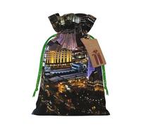 (Las Vegas night view) Printed Christmas M Size Gift Bags with Green Ribbon Drawstring Candy Bags for Kids Xmas Holiday Christmas Eve Presents