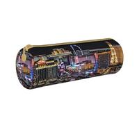 Las Vegas Night View Printed Leather Pencil Case Round Pen Pencil Pouch Office Large Pencil Bag Stationery Box for Men Women Teens Students