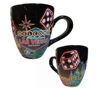 Las Vegas Souvenir Coffee Mug - 16 oz Black Ceramic Cup with Welcome to Fabulous Las Vegas Sign & Neon Dice - Travel Gift