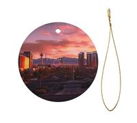 Las Vegas Sunset Christmas Ceramic Ornament - Double-Sided Uv Printed Round Hanging Decoration with Gold String for Tree