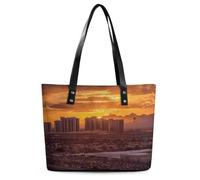Las Vegas Sunset Leather Tote Bag for Women Work Shoulder Purses with Zipper Waterproof Large Computer Shoulder Bag Fashion Ladies Shoulder Handbag Reusable Shopping Bags