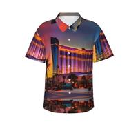Las Vegas Sunset Mens Casual Button Down Shirt Short Sleeve Cuban Shirts Printed Summer Shirt, Black, Large