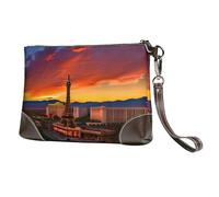 Las Vegas Sunset Print Genuine Leather Wristlet Clutch Wallet Purse Handbag Cell Phone Pocket for Women