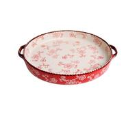 Lasagne Dish Double-Handled Round Baking Pan Hand-Painted Cherry Blossoms Beaded Edge for Desserts Pizza(Red,Large)