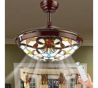 LASANYA 42" Tiffany Ceiling Fans with Lights Stained Glass Light, Reversible Dimmable LED Ceiling Fans with Lamps, Quiet Fan Light Ceiling for Bedroom Living Room, Antique Bronze-C