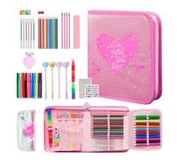 Lasaro 52-Piece School Supplies Gift Set, Glitter Pencil Case with Hearts, Rhinestone Stickers, Crystal Pens & Inspirational Quotes, Includes Extra Clear Pouch for Girls, Stationery