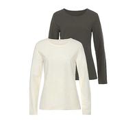 LASCANA Pack of 2 Long Sleeve Round Neck Tops Cream / Khaki