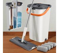Lascpt Flat Mop and Bucket with Wringer Set, 3-Chamber Design Separates Dirty and Clean Water, Wet and Dry Use, Hands Free Self Wringing Home Floor Wall Cleaning Mop, 4 Reusable Microfiber Mop Pads