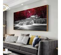 Lasdel Natural Extra Framed Canvas Wall Art of Wide Waterfall & Red Leaves Picture For Bedroom,Burgundy Nature Black White Artwork Decor,Beautiful Maple Leaves Landscape Picture Print Painting,30x60