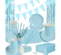 LASE C9 Decorative Disposable Tableware Birthday 127 Pieces Tableware Set Decorations for Children's Birthday Includes Plates, Cups, Napkins and Garland for 30 People (Blue with Tablecloth)