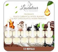 LASENTEUR Plug In Air Freshener Refills 12 Pack - Compatible with Air Wick and Glade - for Bedroom Lounge and Hallway - 4 Scents Blackcurrant Wool Blanket Hot Chocolate Fireplace