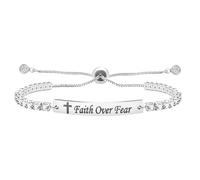 Laser Carved Faith Over Wear Stainless Steel Adjustable Bracelet, Women's Tennis Bracelet,Religious Cross Faith Bracelets Women Birthday GiftY4390, Adjustable, Stainless Steel, Cubic Zirconia