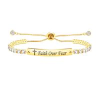 Laser Carved Faith Over Wear Stainless Steel Adjustable Bracelet, Women's Tennis Bracelet,Religious Cross Faith Bracelets Women Birthday GiftY4390, Adjustable, Stainless Steel, Cubic Zirconia
